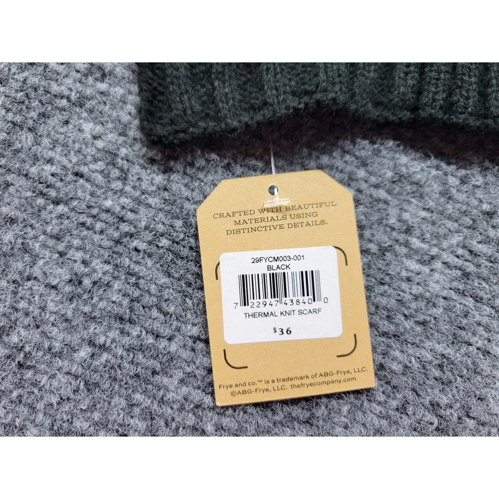 Frye and Co Thermal Knit Scarf Black Waffle Knit Leather Logo Patch NWT